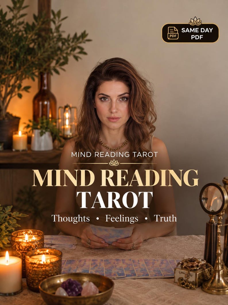 May include: A person with long brown hair sits at a table with tarot cards, candles, and crystals. The text reads MIND READING TAROT, Thoughts, Feelings, Truth, and SAME DAY PDF. The person wears a gold chain necklace and a beige top.