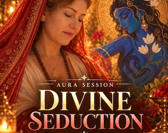May include: A digital graphic featuring a person with a red head covering and a gold necklace, alongside a blue-skinned figure with a lotus flower. Text reads: AURA SESSION DIVINE SEDUCTION Magnetism Desire Attraction. Includes a SAME DAY PDF badge.