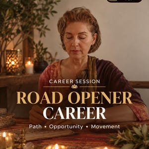 Puede incluir: Un folleto digital para una sesión de carrera titulada ROAD OPENER CAREER, con el texto Path • Opportunity • Movement y una insignia de Same Day PDF. La imagen muestra a una persona escribiendo en una mesa con velas encendidas y vegetación.