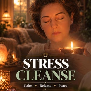 May include: A digital document titled STRESS CLEANSE with the subtitles Calm, Release, and Peace. The graphic features a person with closed eyes holding a lit candle, surrounded by warm ambient lighting and additional candles.