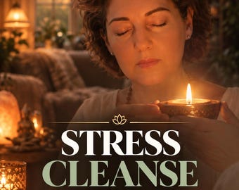 May include: A digital document titled STRESS CLEANSE with the subtitles Calm, Release, and Peace. The graphic features a person with closed eyes holding a lit candle, surrounded by warm ambient lighting and additional candles.