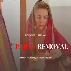 May include: An image featuring a person wearing a red and pink head covering, holding a lit candle. The text "3rd Party Removal" is prominently displayed in red, with additional text below reading "Truth • Clarity • Separation."