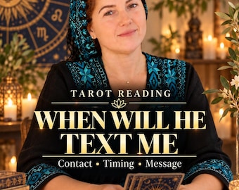 May include: A black top with blue embroidered patterns, featuring the text "TAROT READING", "WHEN WILL HE TEXT ME", and "Contact • Timing • Message". A person holds a tarot card with a celestial design, with a "SAME DAY PDF" label.