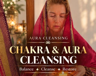 Op de afbeelding: Een digitale flyer voor Aura Cleansing met de tekst "AURA CLEANSING", "CHAKRA & AURA CLEANSING" en "Balance + Cleanse + Restore". Een persoon met een roze hoofddoek houdt een kaars vast, omringd door kaarsen en kristallen.