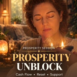 Op de afbeelding: Een digitale flyer met de titel PROSPERITY SESSION PROSPERITY UNBLOCK, de tekst Cash Flow • Reset • Support en SAME DAY PDF. De afbeelding toont een persoon met gesloten ogen die een kleine kom met een brandende kaars vasthoudt.