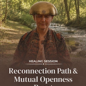 Op de afbeelding: Een persoon met gesloten ogen en handen in gebedshouding, draagt een shirt met patroon en een metalen klankschaal op het hoofd. De tekst luidt: SAME DAY PDF, HEALING SESSION, Reconnection Path & Mutual Openness Reset.