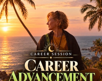 May include: A digital graphic featuring the text CAREER SESSION CAREER ADVANCEMENT GUIDANCE OPPORTUNITIES SUCCESS and SAME DAY PDF. The background shows a person sitting in a meditative pose against a sunset ocean view with palm trees.
