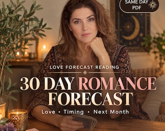 May include: A digital service listing for a 30 Day Romance Forecast love reading. The image features text reading Love Forecast Reading, 30 Day Romance Forecast, Love, Timing, Next Month, and Same Day PDF, with tarot cards on a wooden table.