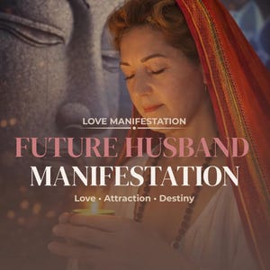 Puede incluir: Una mujer con los ojos cerrados sostiene una vela encendida, con el texto "FUTURE HUSBAND MANIFESTATION". La imagen incluye las palabras "Love, Attraction, Destiny" y "LOVE MANIFESTATION". Una gran estatua de Buda está en el fondo.