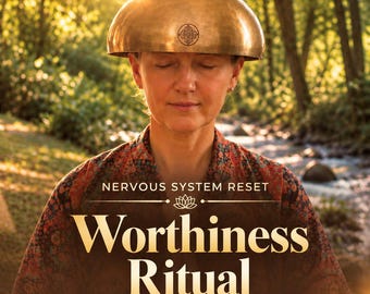 Può includere: Una campana tibetana in bronzo metallizzato poggia sulla testa di una persona. Il testo recita: SAME DAY PDF, NERVOUS SYSTEM RESET, Worthiness Ritual, Receiving, Safety, Magnetic Energy. La persona indossa una camicia con motivi floreali scuri.