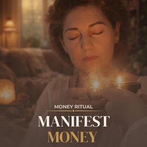 Puede incluir: Una mujer con los ojos cerrados sostiene un pequeño cuenco con dos velas encendidas. La imagen tiene texto que dice "Money Ritual" y "Manifest Money" con las palabras "Abundance, Wealth, Flow" debajo. Las palabras "Same Day PDF" están en la esquina superior derecha.