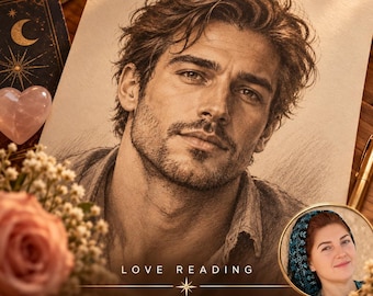 May include: A charcoal portrait of a man with wavy hair and a beard on paper, featuring the text "LOVE READING", "SOULMATE DRAWING AND READING", "PORTRAIT • LOVE • INSIGHT", and a circular inset photo of a woman with a blue headscarf.