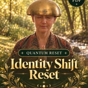 Op de afbeelding: Een digitaal document getiteld Quantum Reset Identity Shift Reset met de ondertitels Self-Concept, Timeline en Alignment. De omslag toont een persoon met een koperen klankschaal op het hoofd en een rond Same Day PDF-label.