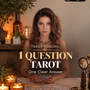 以下が含まれることがあります： Tarot Reading、1 Question Tarot、One Clear Answerというテキストが記載されたデジタルタロット占いサービス。画像には、火のついたキャンドル、クリスタルの入った真鍮のボウル、虫眼鏡が置かれたテーブルでカードを持つ人物が写っています。