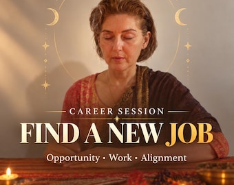 May include: A digital flyer for a career session titled FIND A NEW JOB, featuring the text Opportunity, Work, Alignment and SAME DAY PDF. The image shows a person with eyes closed behind a wooden table with five lit tea light candles.