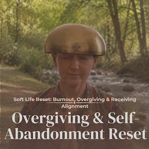 May include: A brass singing bowl rests on a head, featuring an engraved circular symbol. Text reads: SAME DAY PDF, Soft Life Reset: Burnout, Overgiving & Receiving Alignment, and Overgiving & Self-Abandonment Reset. The bowl has a metallic finish.