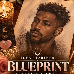 May include: A portrait drawing of a man with curly hair on paper, featuring the text IDEAL PARTNER BLUEPRINT READING & DRAWING, TRAITS + LOVE + ALIGNMENT, and SAME HOUR PDF. The image includes a circular inset of a person, a candle, and a heart.