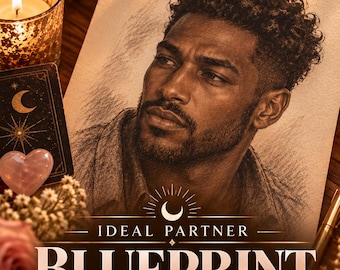 May include: A portrait drawing of a man with curly hair on paper, featuring the text IDEAL PARTNER BLUEPRINT READING & DRAWING, TRAITS + LOVE + ALIGNMENT, and SAME HOUR PDF. The image includes a circular inset of a person, a candle, and a heart.