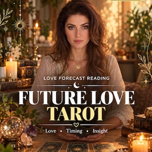 May include: A digital graphic for a Love Forecast Reading Future Love Tarot service. The text reads Love Forecast Reading, Future Love Tarot, Love, Timing, Insight, and Same Day PDF. The design features a person, candles, and tarot cards.