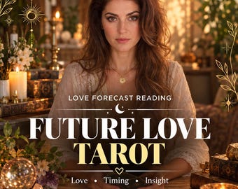 May include: A digital graphic for a Love Forecast Reading Future Love Tarot service. The text reads Love Forecast Reading, Future Love Tarot, Love, Timing, Insight, and Same Day PDF. The design features a person, candles, and tarot cards.
