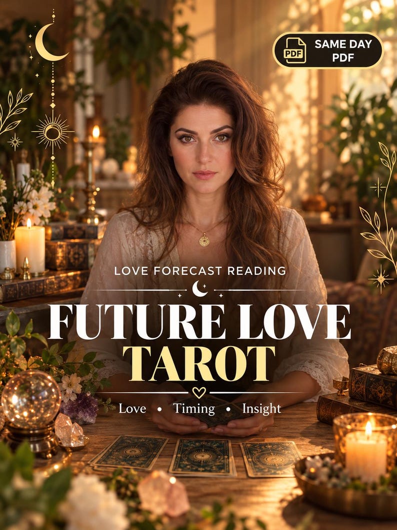 May include: A digital graphic for a Love Forecast Reading Future Love Tarot service. The text reads Love Forecast Reading, Future Love Tarot, Love, Timing, Insight, and Same Day PDF. The design features a person, candles, and tarot cards.