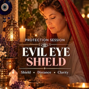 Könnte beinhalten: Eine digitale Grafik mit einer Person in rotem Kopftuch, mit dem Text PROTECTION SESSION, EVIL EYE SHIELD, Shield, Distance, Clarity und SAME DAY PDF. Die Szene enthält ein blaues Nazar-Amulett, Kerzen und verschiedene Kristalle.