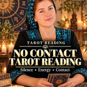 May include: A black tunic with blue embroidered patterns, worn with a matching head covering. The text reads: SAME DAY PDF, TAROT READING, NO CONTACT TAROT READING, Silence • Energy • Contact. A person holds a blue and gold tarot card.