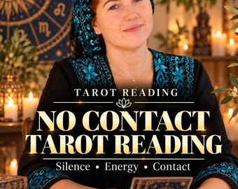 May include: A black tunic with blue embroidered patterns, worn with a matching head covering. The text reads: SAME DAY PDF, TAROT READING, NO CONTACT TAROT READING, Silence • Energy • Contact. A person holds a blue and gold tarot card.