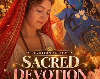 Peut inclure: Une affiche numérique intitulée SACRED DEVOTION montrant une personne avec un voile rouge et un chapelet, à côté d'une illustration d'une divinité bleue tenant des fleurs blanches. Texte : DEVOTION SESSION et Loyalty Love Deepening.