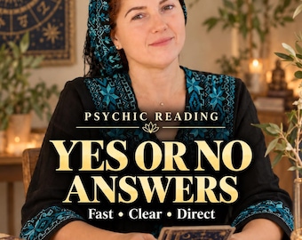 May include: A black top with blue embroidered patterns on the shoulders and sleeves. The text reads: PSYCHIC READING, YES OR NO ANSWERS, Fast • Clear • Direct, and SAME DAY PDF. The person holds a deck of cards with a sun and star design.