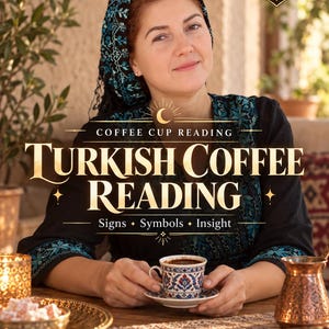 Può includere: Una guida digitale intitolata SAME DAY PDF COFFEE CUP READING TURKISH COFFEE READING Signs + Symbols + Insight con una persona che indossa un top e un foulard ricamati in nero e verde acqua, che tiene in mano una tazzina decorata.