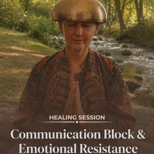 May include: A metallic bronze singing bowl resting on a head, featuring a small circular emblem. The text reads: SAME DAY PDF, HEALING SESSION, Communication Block & Emotional Resistance Release. The bowl has a smooth, reflective, curved surface.
