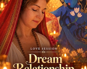 May include: A digital graphic featuring a person with eyes closed, wearing a red head covering and beaded necklace. Text reads: SAME DAY PDF, LOVE SESSION, Dream Relationship, Love • Attraction • Harmony. A blue figure holds white lotus flowers.