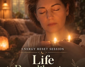 Pode incluir: Um gráfico digital para uma sessão de reinicialização energética intitulada Life Recalibration. O texto inclui Reset, Balance, Renewal e Same Day PDF. A imagem mostra uma pessoa com os olhos fechados segurando duas pequenas velas acesas.