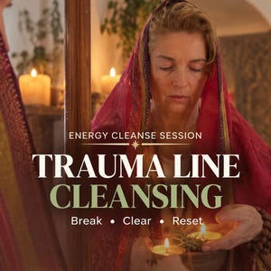 Puede incluir: Una persona con un pañuelo rojo en la cabeza sostiene un cuenco pequeño con una vela encendida y vegetación. Texto: SAME DAY PDF, ENERGY CLEANSE SESSION, TRAUMA LINE CLEANSING, Break • Clear • Reset. Reflejado en un espejo con velas.