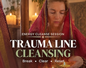 May include: A person wearing a red head covering holds a small bowl with a lit candle and greenery. Text reads: SAME DAY PDF, ENERGY CLEANSE SESSION, TRAUMA LINE CLEANSING, Break • Clear • Reset. The scene is reflected in a mirror with candles.