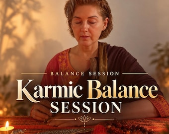 Op de afbeelding: Een digitale afbeelding met de tekst "Karmic Balance SESSION", de ondertitels "BALANCE SESSION" en "Harmony • Alignment • Restore". Een "SAME DAY PDF"-badge staat in de hoek. Het ontwerp bevat warm licht, kaarsen en kralen.