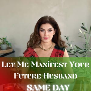 Op de afbeelding: Een vrouw met lang bruin haar en een gouden ketting staat centraal in de afbeelding. De tekstoverlay luidt "Let Me Manifest Your Future Husband Same Day". Rode kaarsen en een groene lamp zijn zichtbaar.