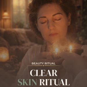 以下が含まれることがあります： 目を閉じた女性が、2本のろうそくが灯された小さなボウルを持っています。画像には「Beauty Ritual」と「Clear Skin Ritual」というテキストがあります。テキストには「Glow, Confidence, Renewal」という言葉も含まれています。