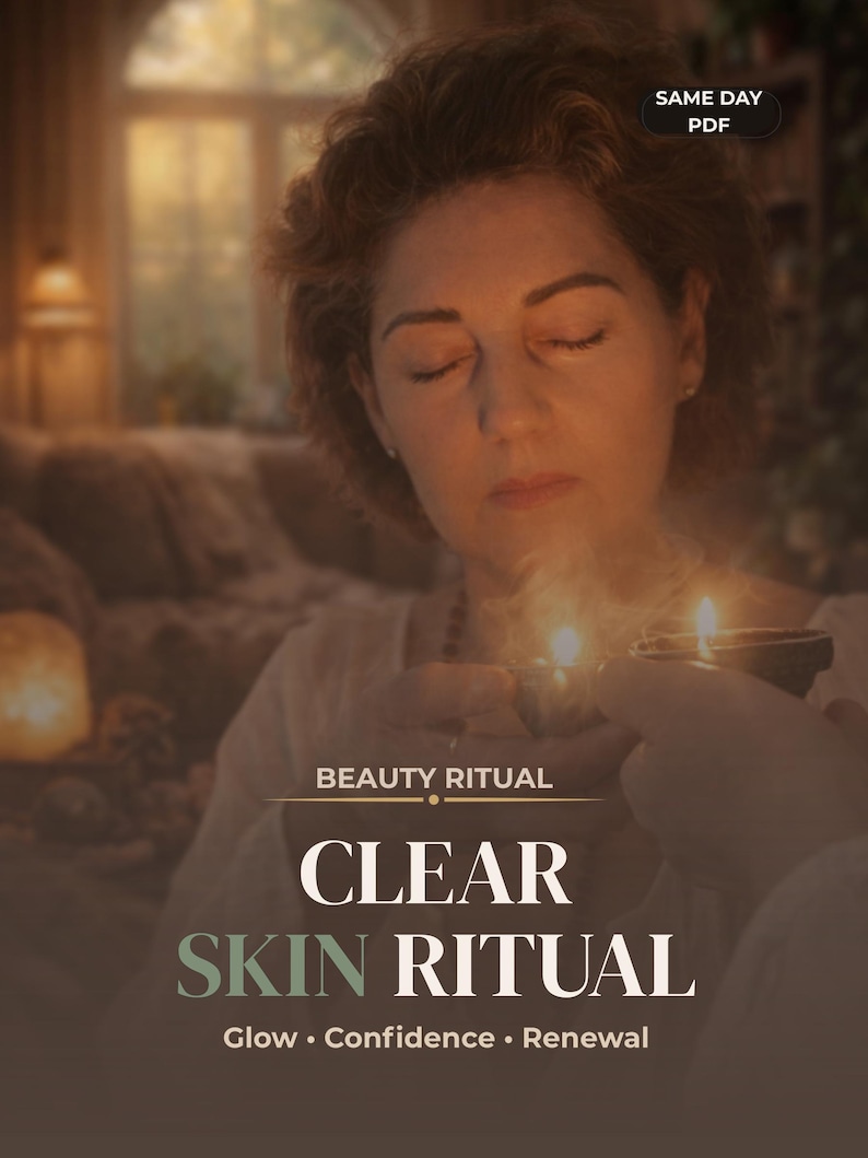 May include: A woman with closed eyes holds a small bowl with two lit candles. The image has text that reads "Beauty Ritual" and "Clear Skin Ritual". The text also includes the words "Glow, Confidence, Renewal".