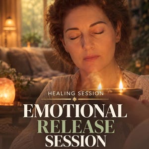 Pode incluir: Um documento digital intitulado HEALING SESSION EMOTIONAL RELEASE SESSION com o texto Calm Heart Release e SAME DAY PDF. A imagem mostra uma pessoa de olhos fechados segurando uma pequena tigela acesa e fumegante.