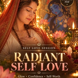May include: A digital print featuring a person with a red head covering and beaded necklace, with text reading: SAME DAY PDF, SELF LOVE SESSION, RADIANT SELF LOVE, Glow, Confidence, Self-Worth, and an illustration of a blue deity.