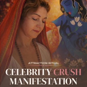 May include: A woman with closed eyes, wearing a red head covering and a necklace, is the central focus. The image includes the text "Attraction Ritual" and "Celebrity Crush Manifestation". The background has a warm, orange and red glow, with a blue figure on the right.