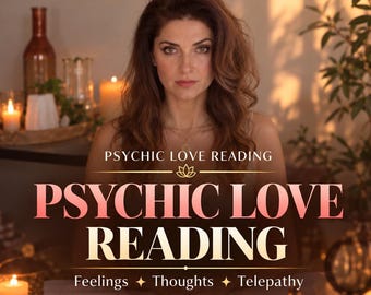 May include: A digital PDF service listing titled PSYCHIC LOVE READING with the subtitles Feelings, Thoughts, and Telepathy. The graphic features a person with long brown hair in a warm, candlelit setting with soft golden lighting.
