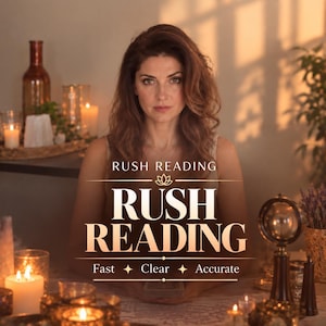 Könnte beinhalten: Eine digitale Service-Anzeige mit dem Text RUSH READING, Fast, Clear, Accurate und SAME DAY PDF. Die Grafik zeigt eine Person mit langem braunem Haar, umgeben von brennenden Kerzen, Kristallen und einem kleinen Globus auf einem Tisch.