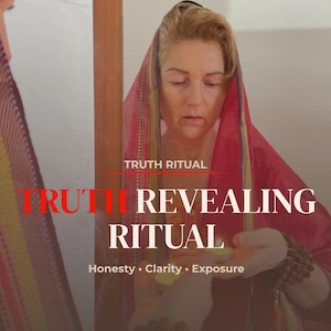 Può includere: Immagine con il testo "TRUTH REVEALING RITUAL" in rosso e bianco. Una persona indossa un velo rosso e giallo e tiene in mano un piccolo oggetto. Il testo sottostante recita "Honesty • Clarity • Exposure."