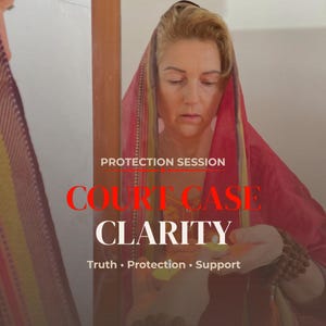 May include: A woman wearing a red head covering and holding a candle. The image has text that reads "Protection Session Court Case Clarity Truth Protection Support". A "Same Day PDF" logo is in the upper right corner.