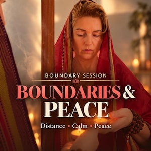 May include: A digital graphic featuring a person wearing a red head covering, holding a lit candle. Text reads: SAME DAY PDF, BOUNDARY SESSION, BOUNDARIES & PEACE, Distance • Calm • Peace. The image includes a lotus icon and wooden prayer beads.