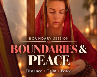 May include: A digital graphic featuring a person wearing a red head covering, holding a lit candle. Text reads: SAME DAY PDF, BOUNDARY SESSION, BOUNDARIES & PEACE, Distance • Calm • Peace. The image includes a lotus icon and wooden prayer beads.