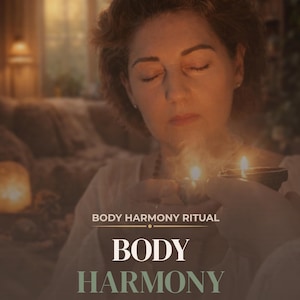 May include: A woman with closed eyes holds a small bowl with two lit candles, with the text "BODY HARMONY" and "Balance • Confidence • Support". The image has a warm, soft focus with the text "SAME DAY PDF".